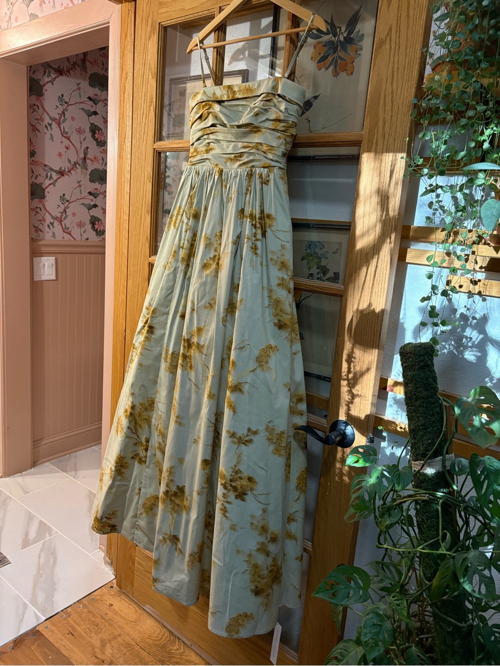 Reformation Kastoria Floral Gown in Pale Sage and Mustard